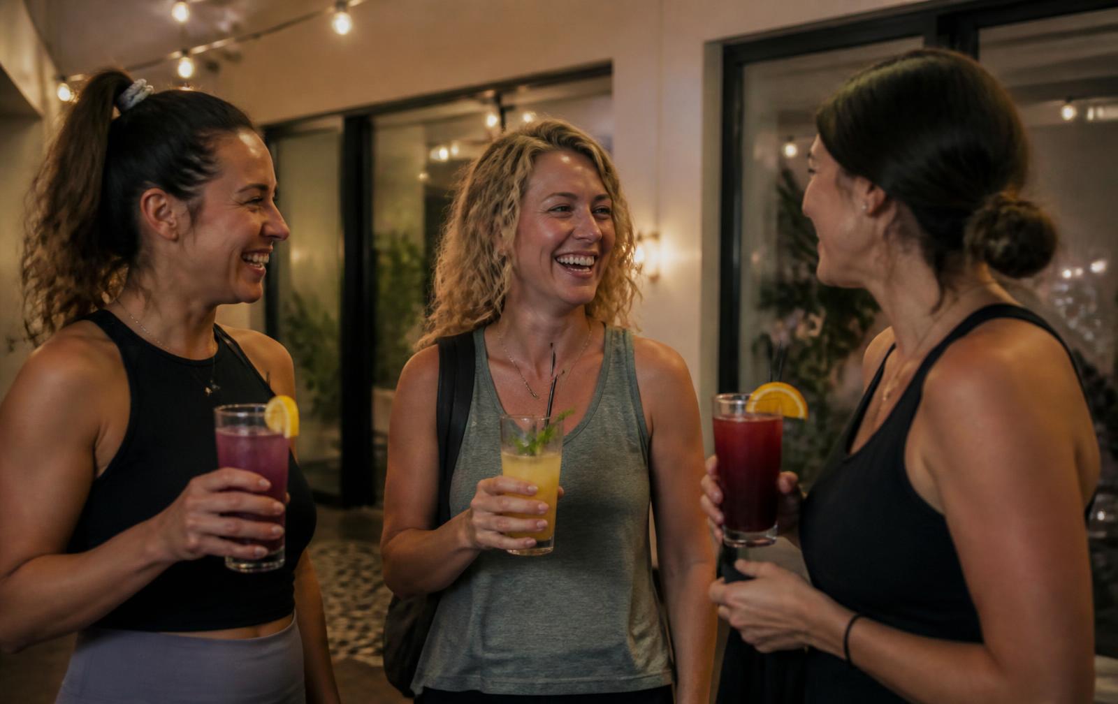 Moms with mocktails talking and laughing after class