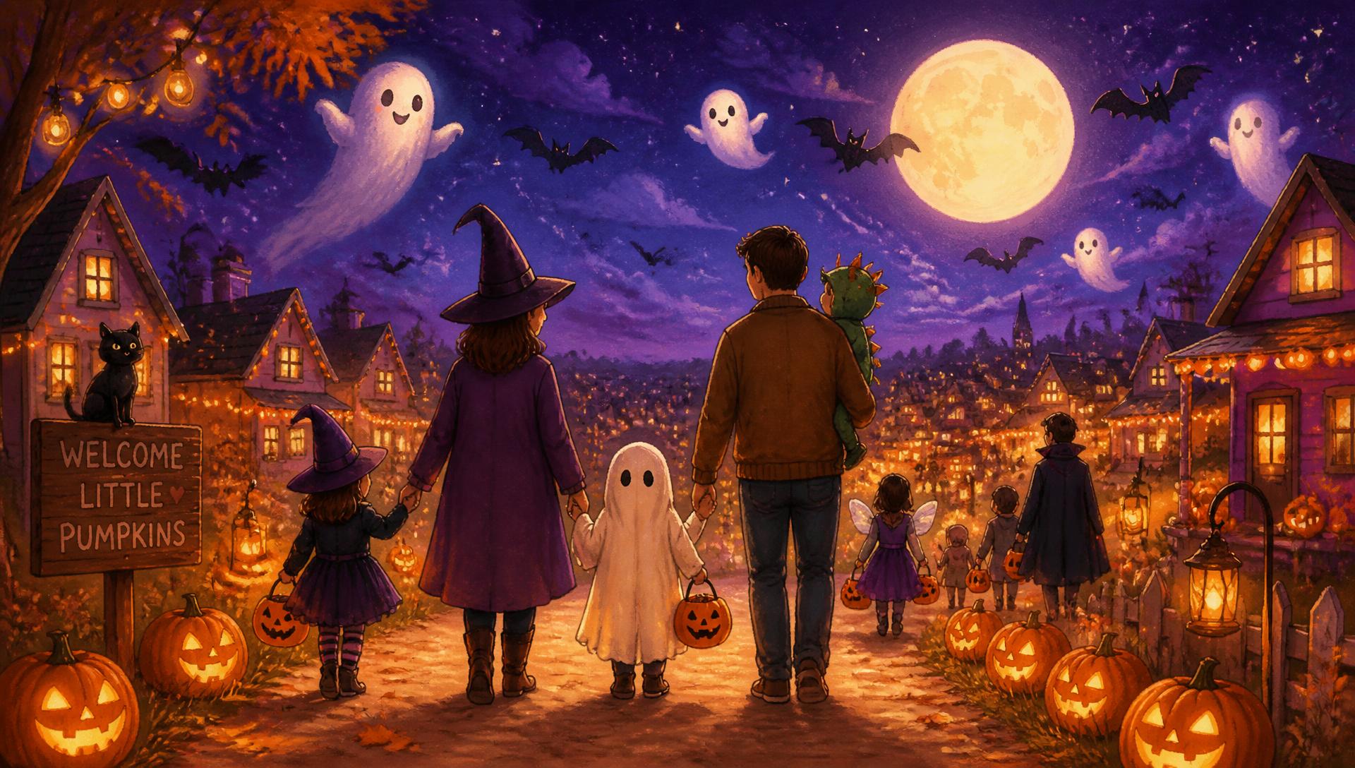 A family walking back to their car after Trunk or Treat, buckets full, kids laughing