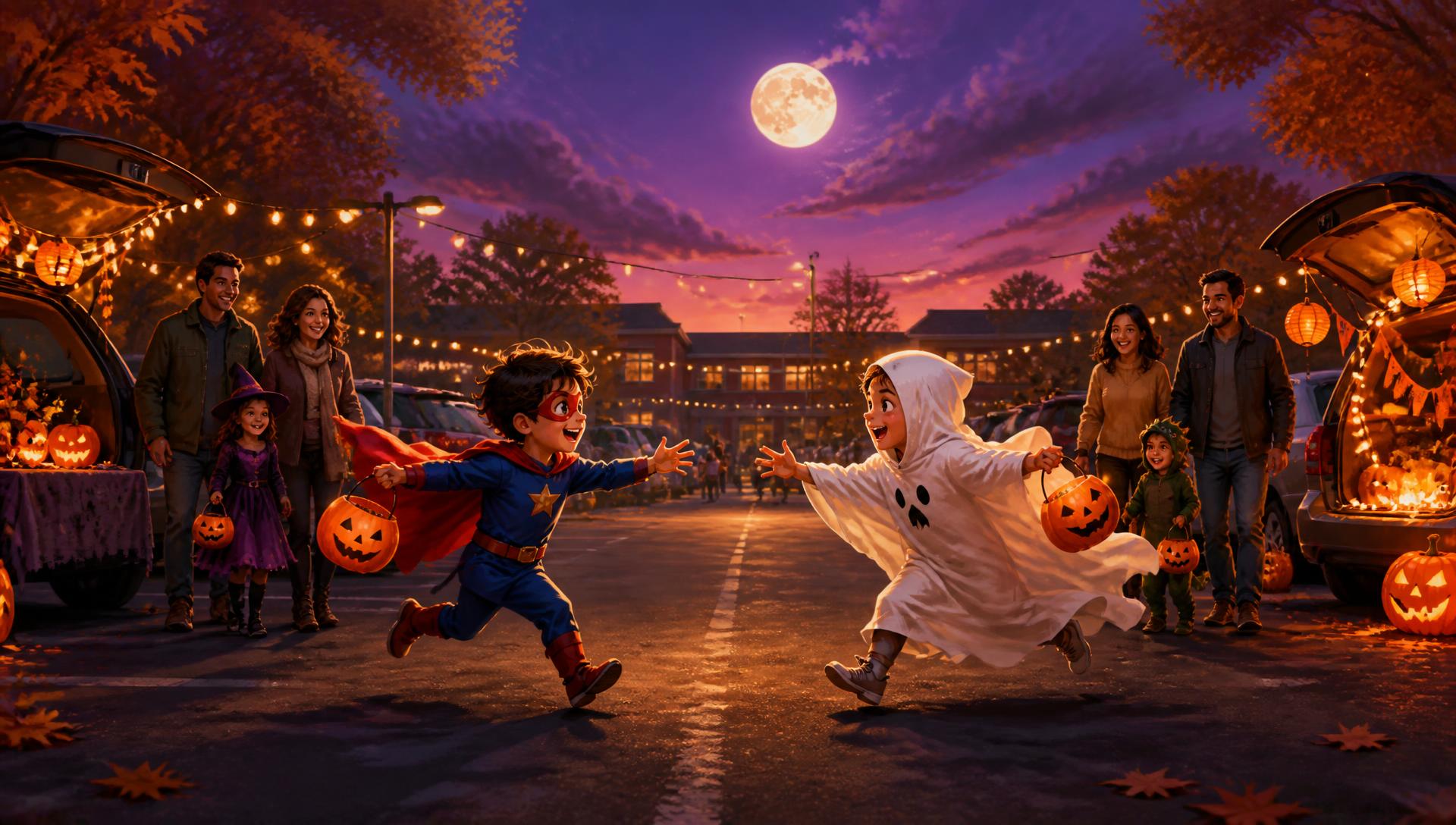 Two kids in costume sprinting across the parking lot to meet in the middle