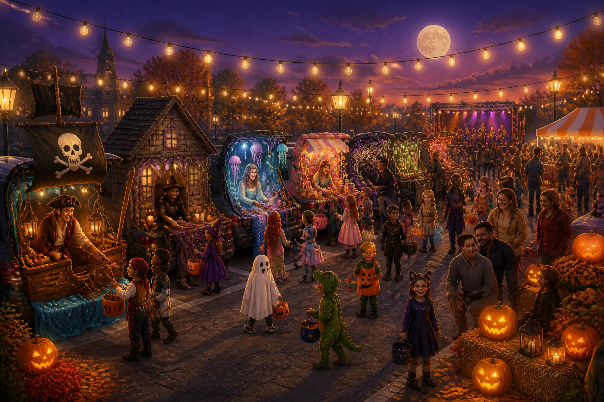 A packed community parking lot at dusk, dozens of decorated car trunks handing out candy, string lights overhead, families in costume