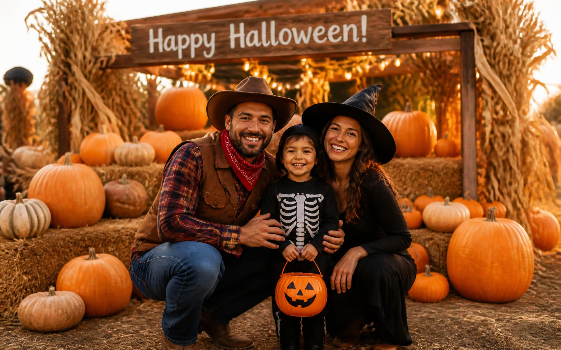 A family posing in front of the annual Trunk or Treat photo backdrop