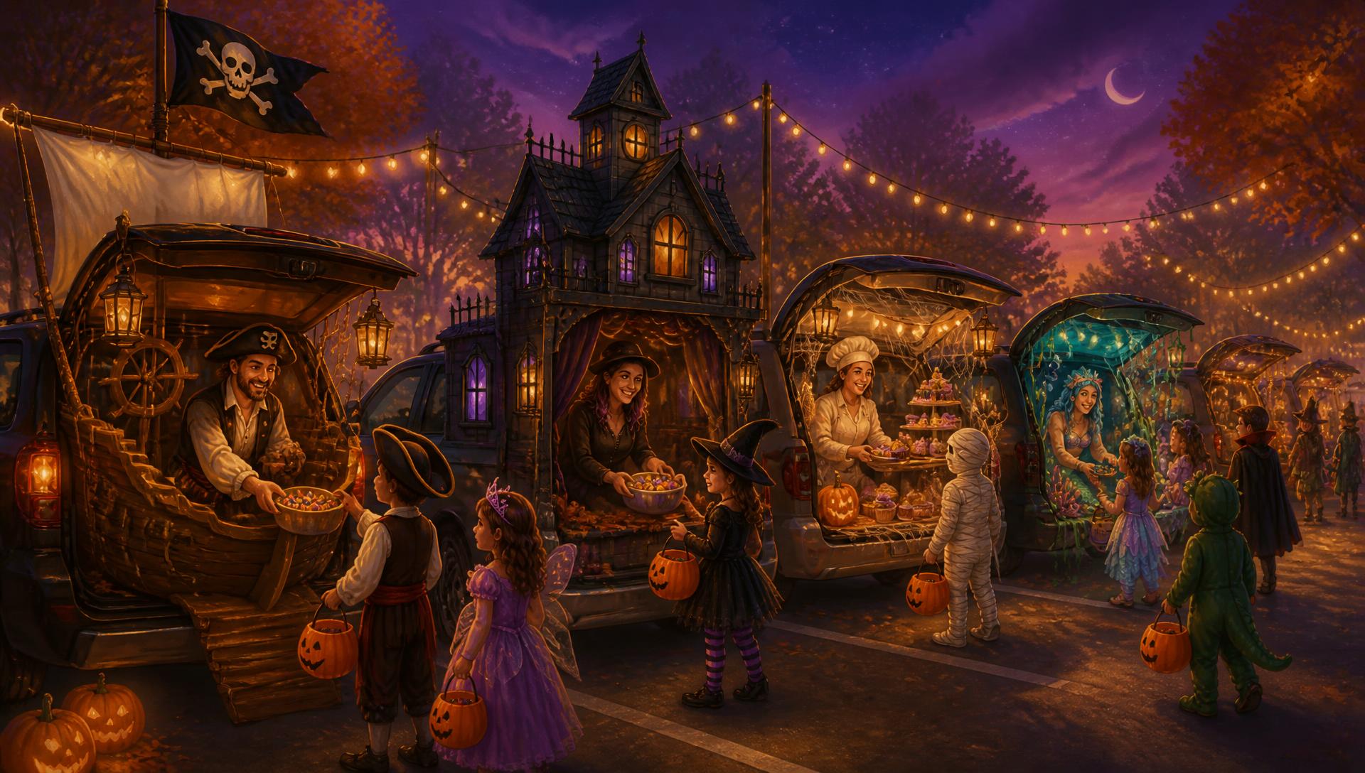 Two families walking the candy trail together, laughing under string lights